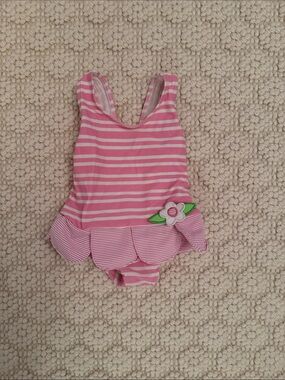 Florence Eiseman Pink & White Striped Baby Girl One-Piece Swimsuit with Flower